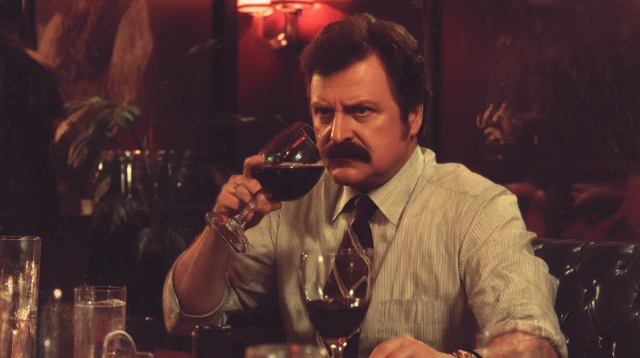 Ron Swanson Enjoying Wine at a Wine Bar Illustration