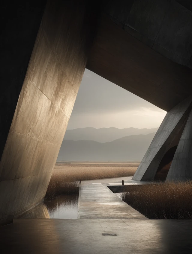 Countryside Museum Minimalist Design Hills Golden Hour