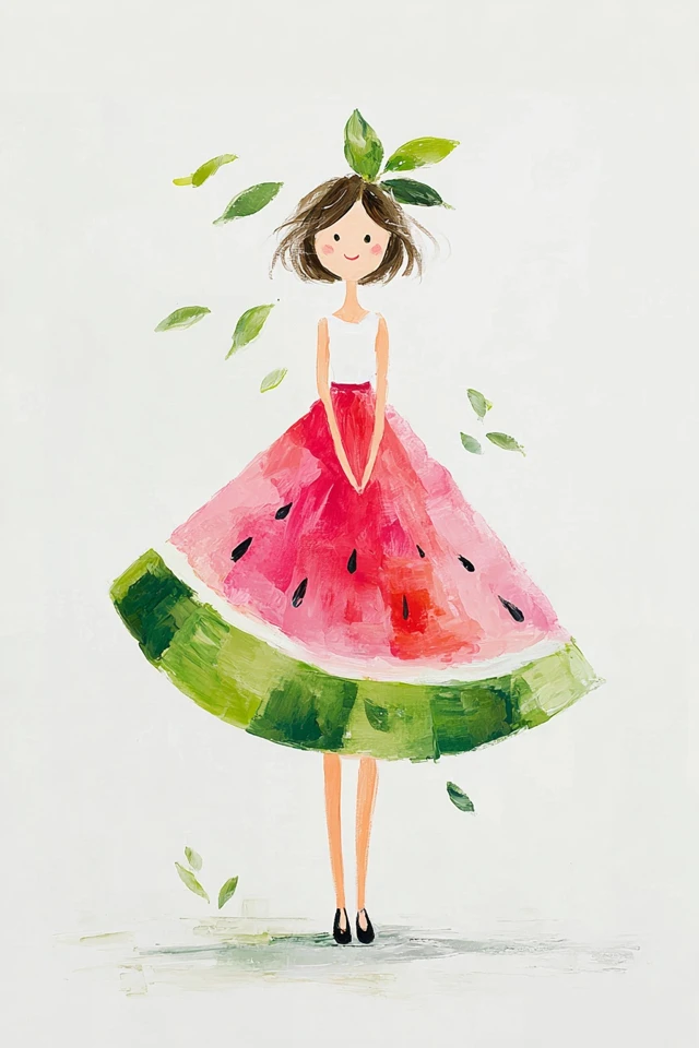 Watermelon Girl Oil Painting Whimsical Cartoon Art