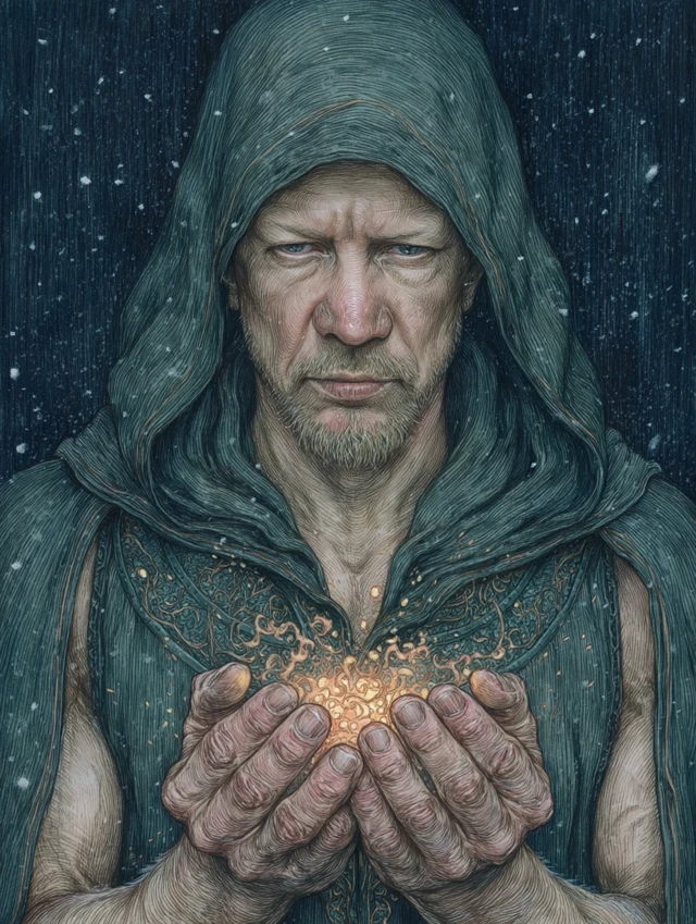 Mystical Sorcerer in Green Hood Casting a Spell