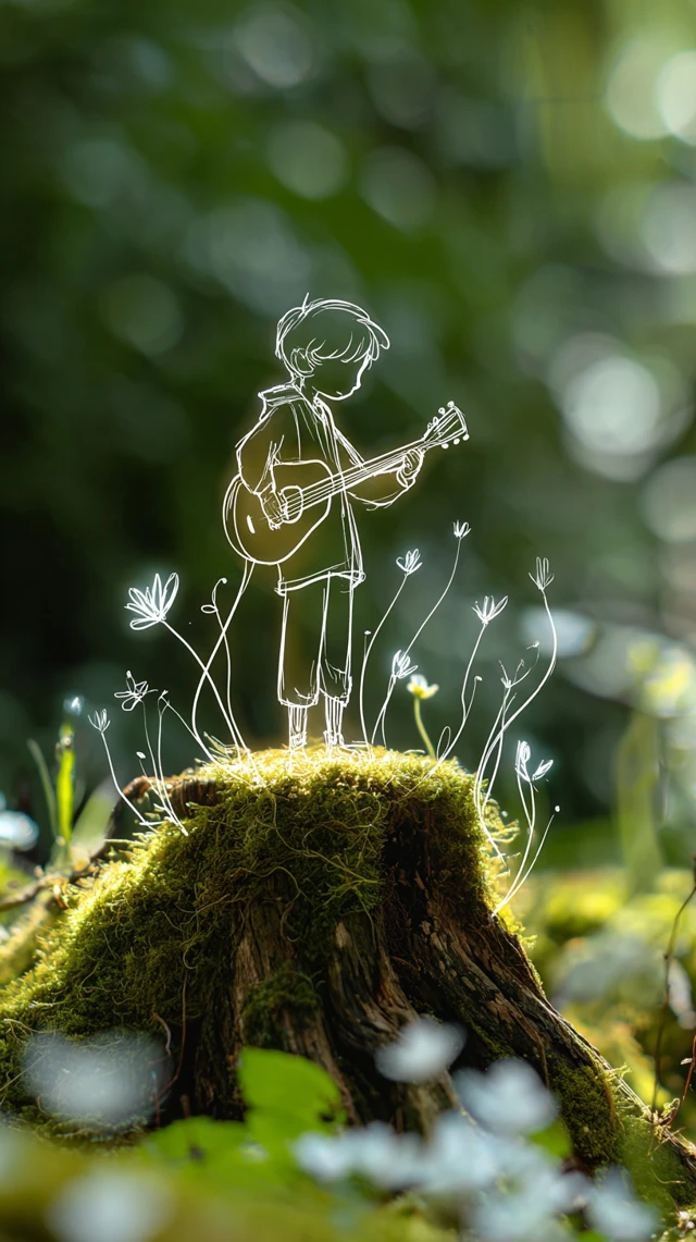 Boy Playing Guitar in Nature Minimalist Art
