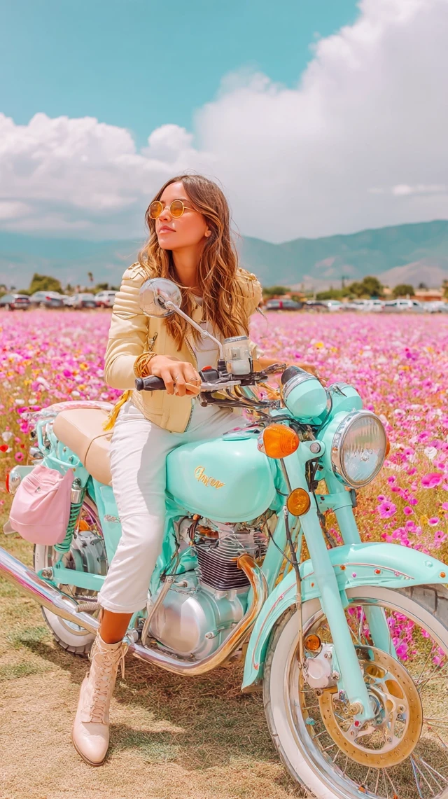 Woman on Moto in Poppy Field: Romantic, Carefree