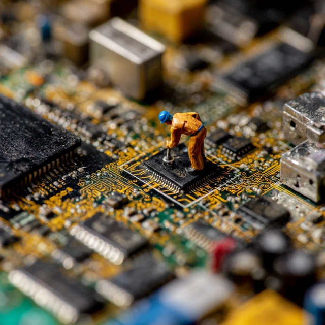 Macro Photo Tiny Technician on Circuit Board