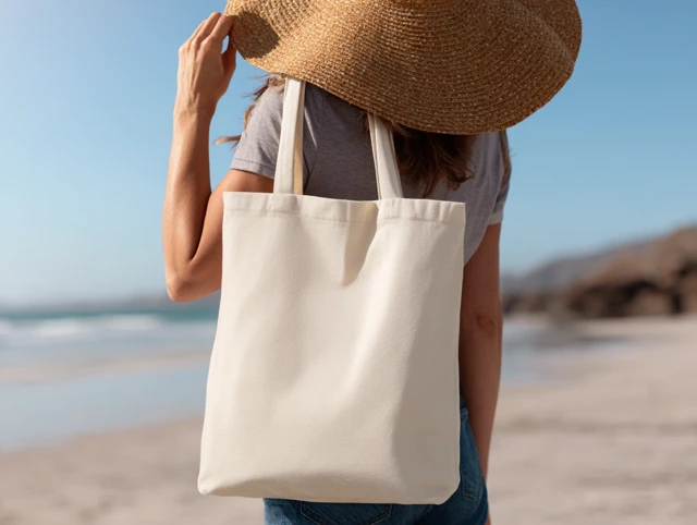 Tote Bag Mockup on Beach Woman with Ocean Background