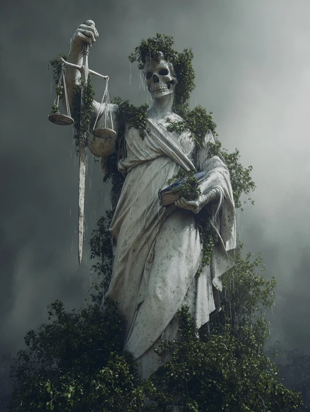 Decayed Justice Statue in a Wasteland
