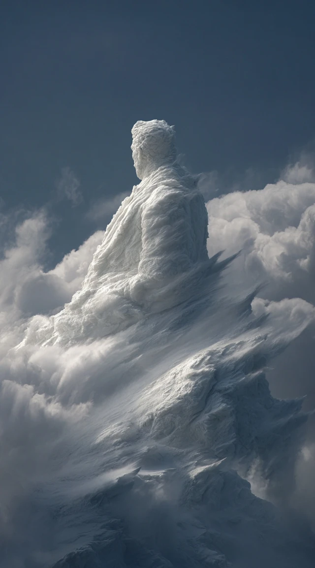 Cloud Ice Man Sculpture on Mountain Top