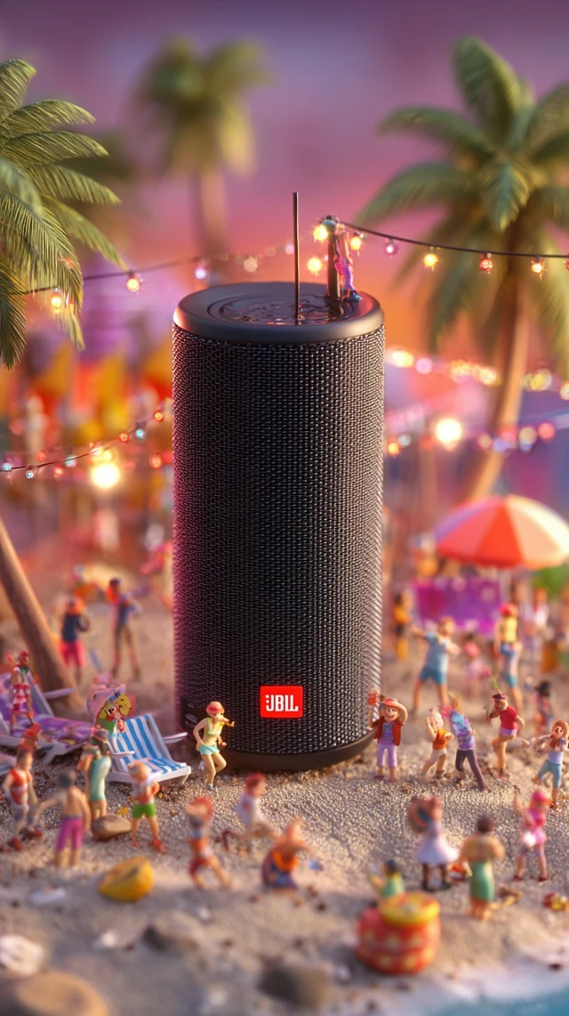 JBL Speaker on Beach Party Macro Shot Product Ad