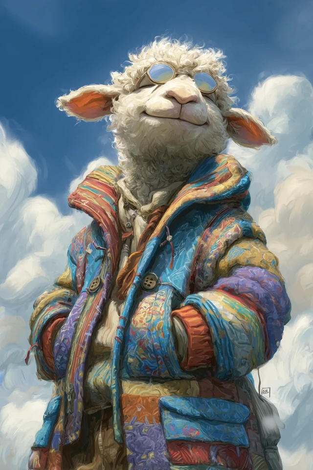 Anthropomorphic Sheep Boy in Colorful Coat