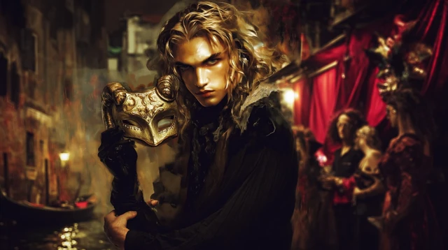Venetian Carnival Scene Young Man and Mask