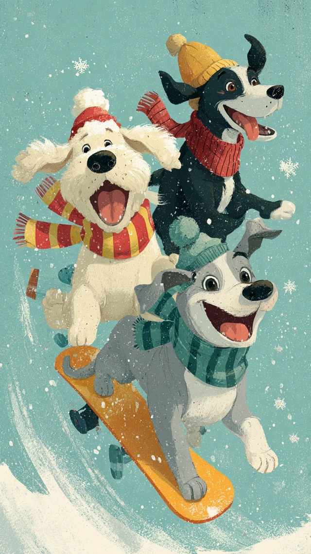 Dogs on Snowboards Christmas Illustration