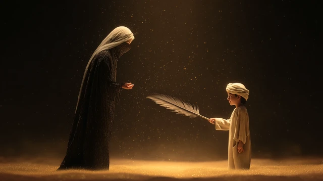 Emirati Woman and Boy Symbolic Moment Desert Night