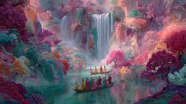 Chinese Mythology Peach Blossom Valley Scene Hyperrealism 8K