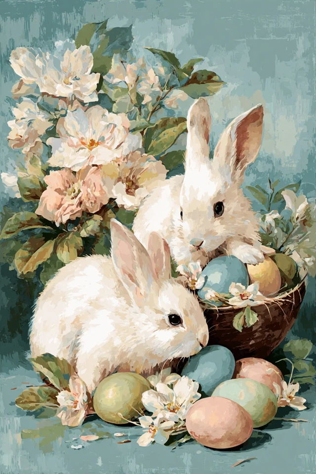 Easter Bunnies Eggs Flowers Vintage Illustration