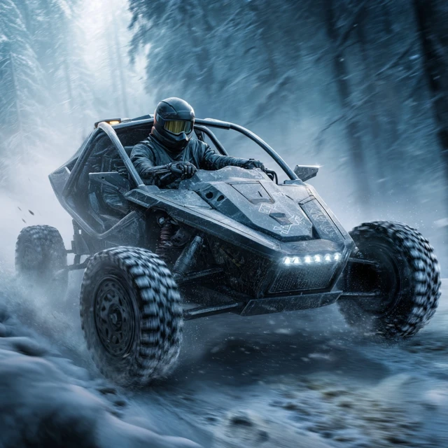Off Road Buggy Racing Through Snow Covered Forest