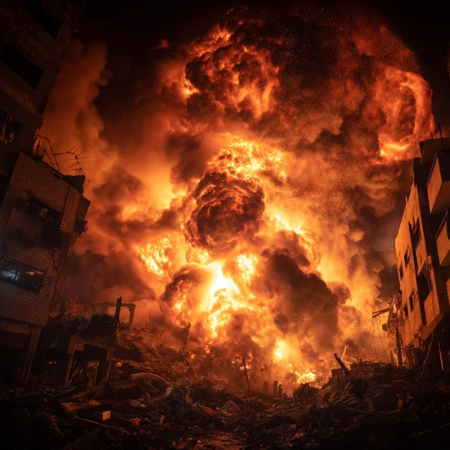 Gaza Fire and Flames at Night Ruined City Photograph