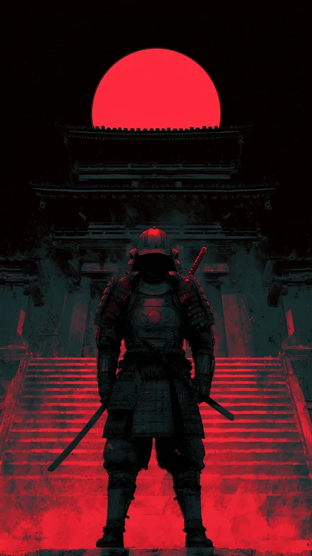 Futuristic Samurai at Burning Temple Red Moon Night