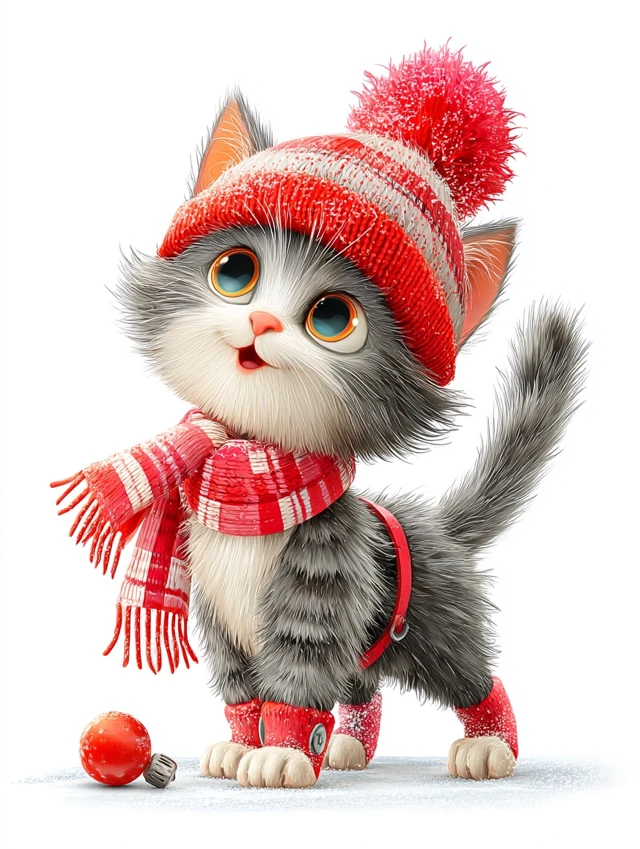 Cute Kitten in Hat and Scarf Illustration