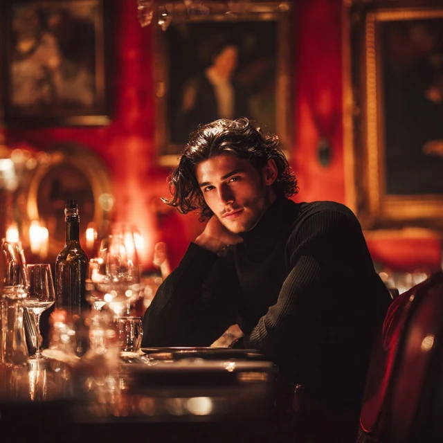Attractive Man in Black Dining at a High End Restaurant