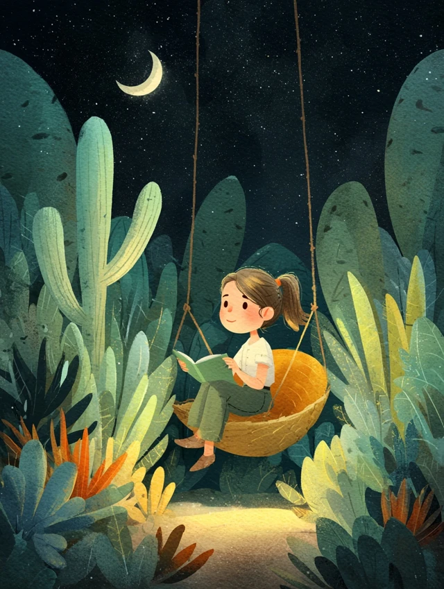 Girl Reading Under Moonlight Illustration