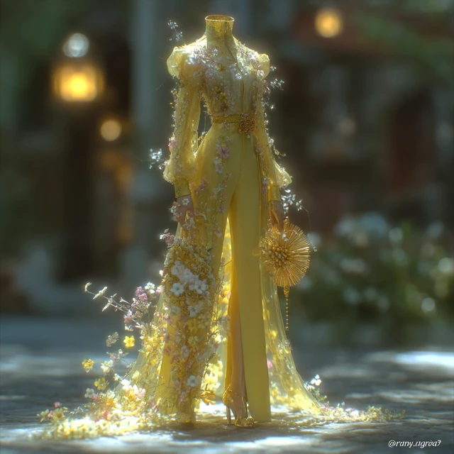 Sunny Day Hyperrealistic Woman in Golden Dress