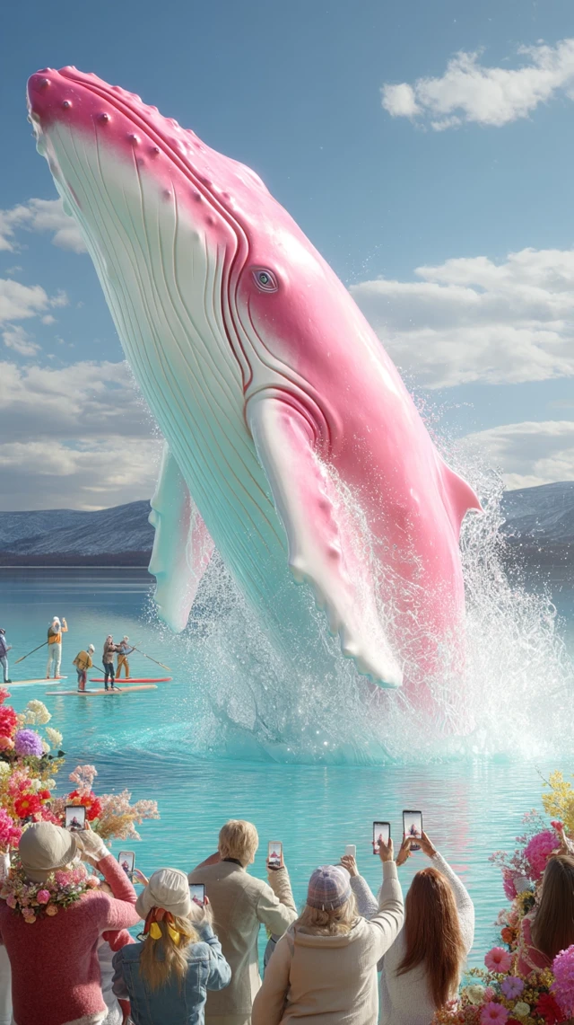 Pink Whale Breaching Lake, Chinese Crowd