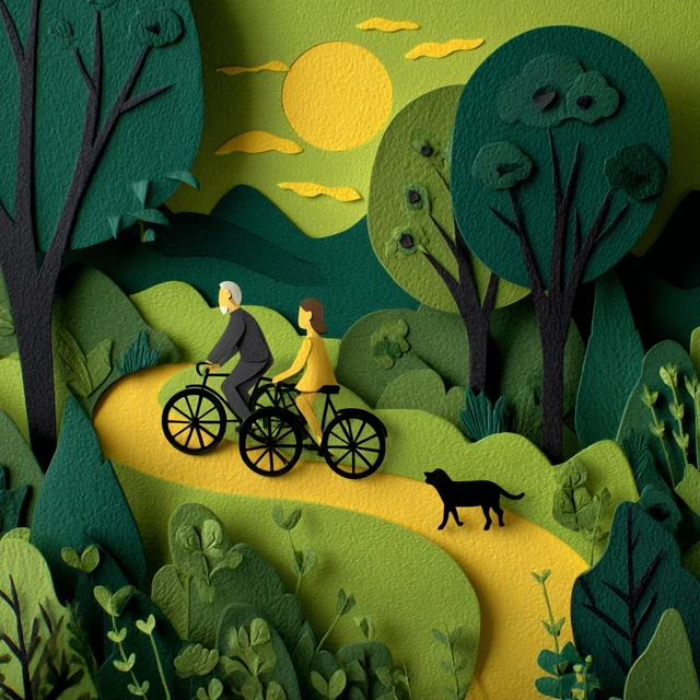 Father and Daughter Bike Ride in Paper Art Style