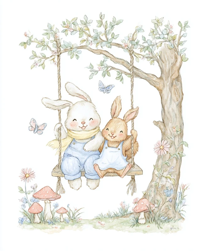 Bunny and Squirrel on a Swing Watercolor Illustration