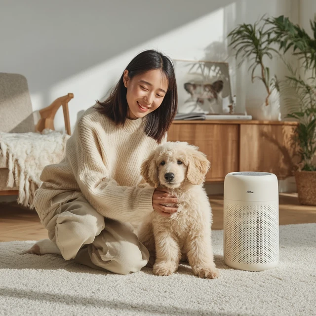 Woman with Puppy in Bright Modern Living Room
