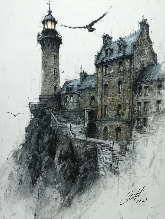 Graphite Sketch Lighthouse on Cliff