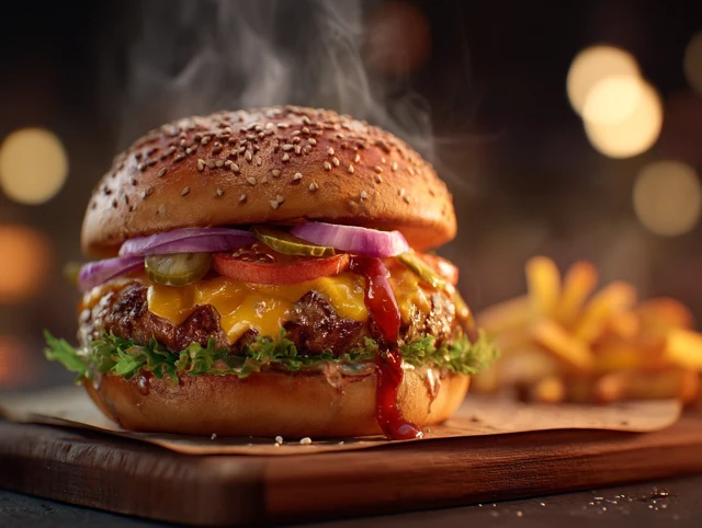 Juicy Burger with Melted Cheese and Fries