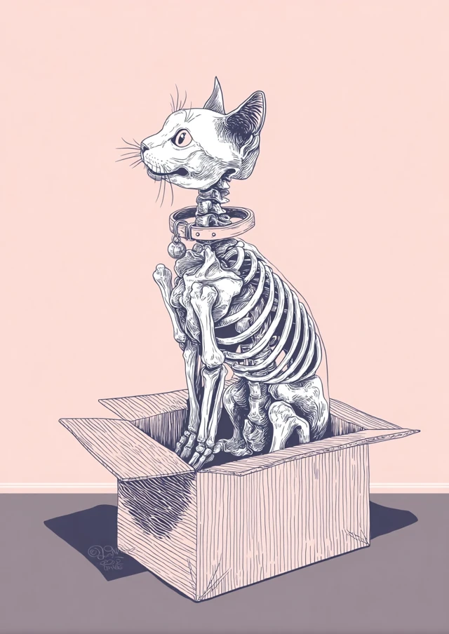 Skeleton Cat in a Box Illustration