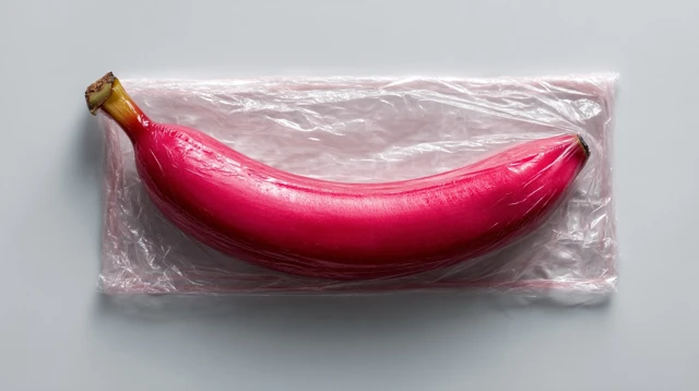 Pink Banana In Plastic Wrap Stock Photo
