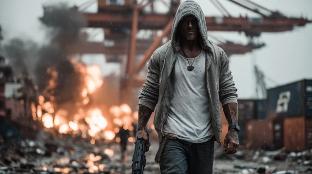 Action Hero on Fire Industrial Dock 8K Poster
