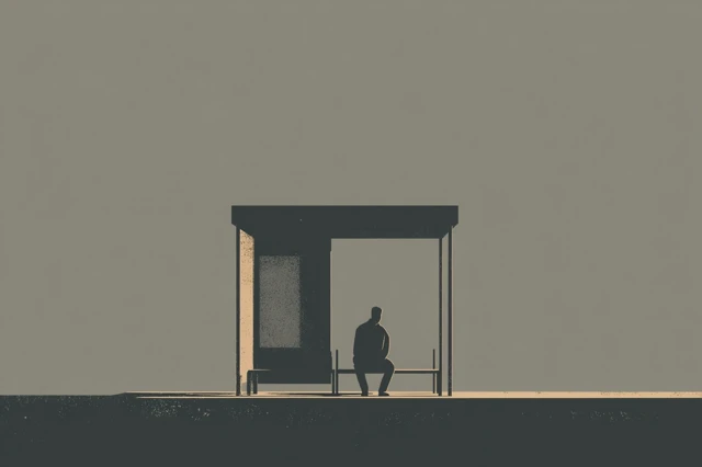 Sad Man at Bus Stop Minimalist Illustration