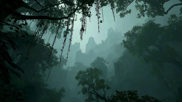 Mystical Jungle Scene Sunlit Rainforest and Ancient Ruins