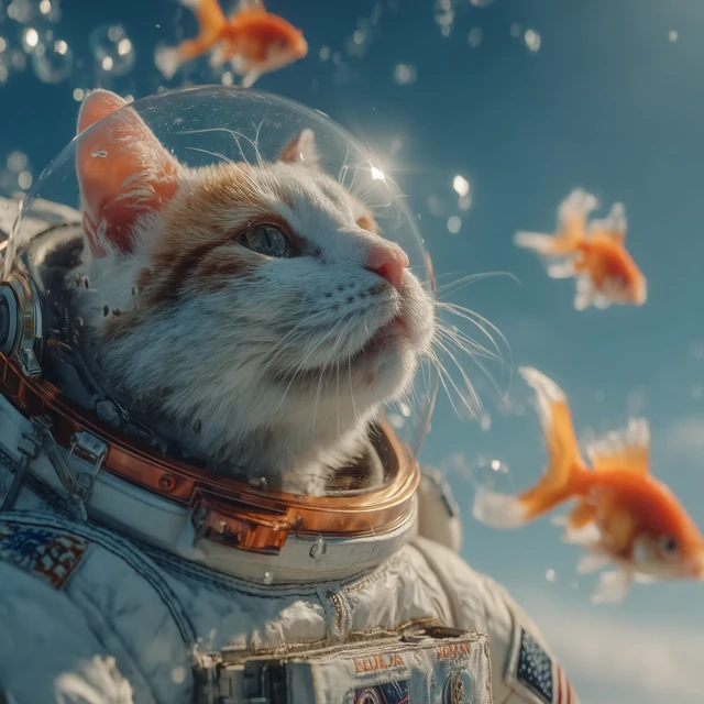 Astronaut Cat in Space with Goldfish Cyberpunk Art