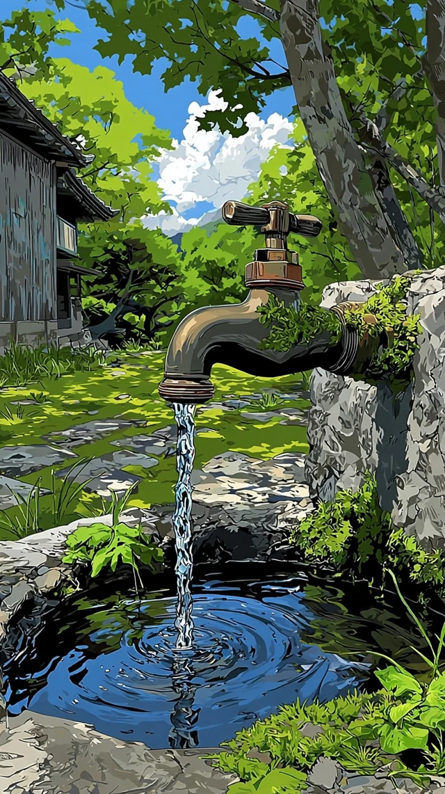 Anime Garden Scene Water Faucet Makoto Shinkai Style