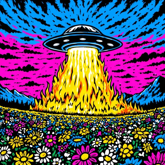 UFO On Fire Flowers Field Illustration