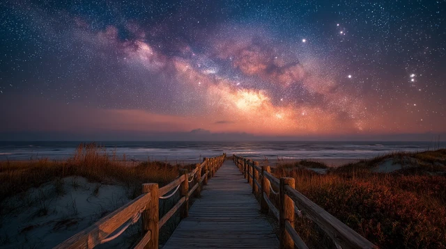 Boardwalk Under the Milky Way at Night