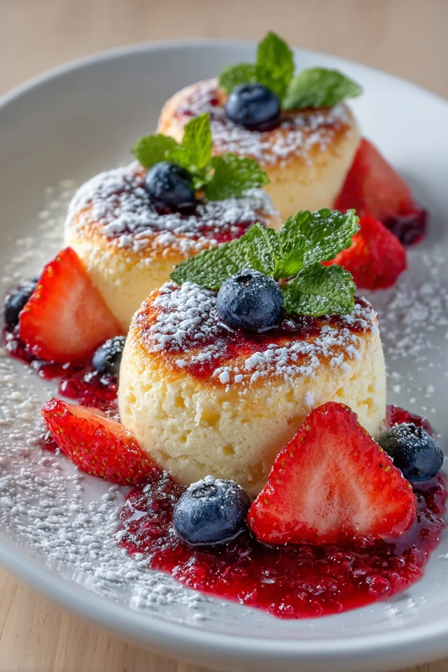 Golden Cheesecakes with Berries Dessert Photography