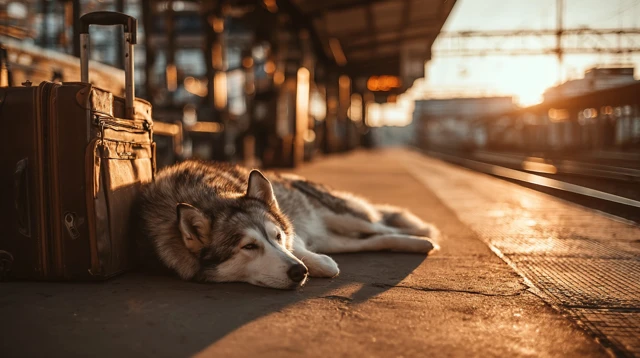 Lonely Husky at Train Station Stock Photo