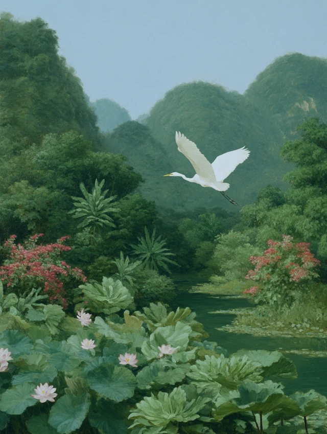 Chinese Landscape Painting: Crane, Mountains, and Lotus