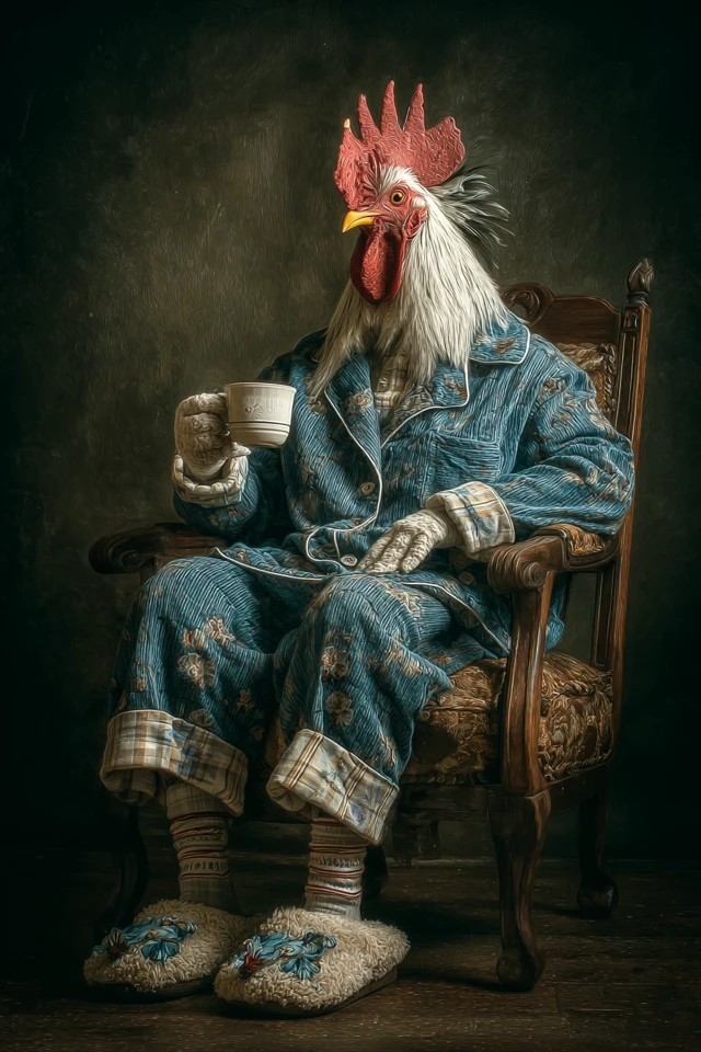 Cute Rooster in Pajamas with Coffee