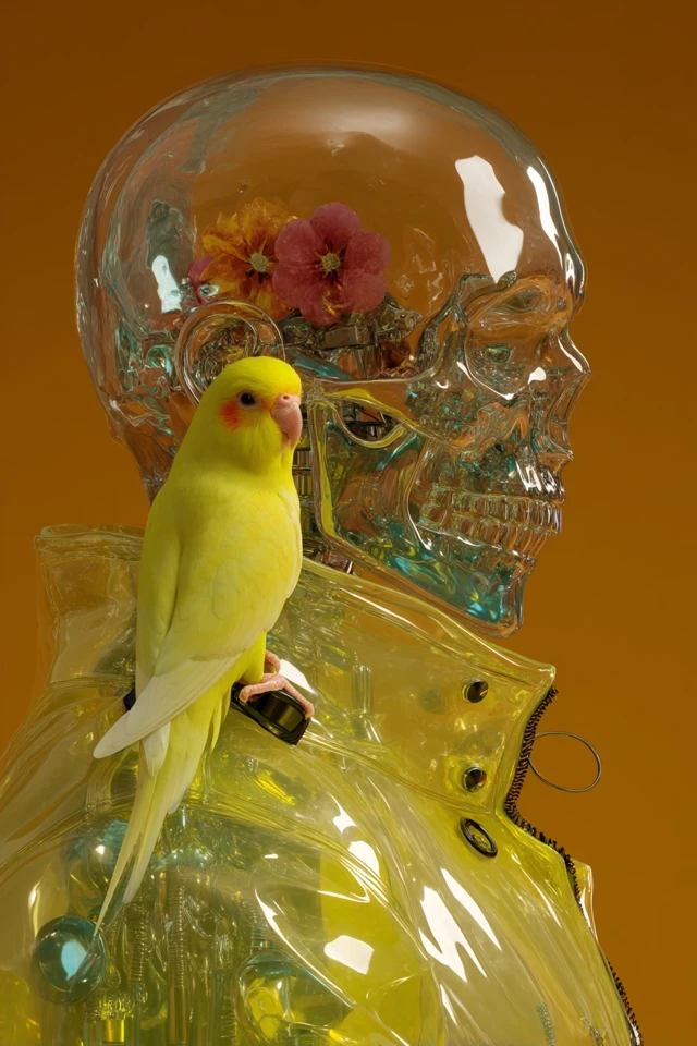 Android Skull with Budgie Surreal SciFi Art