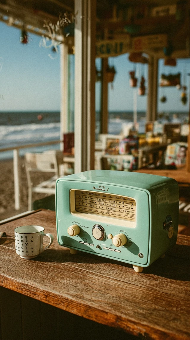 Vintage Radio and Tea Seaside Cafe Scene