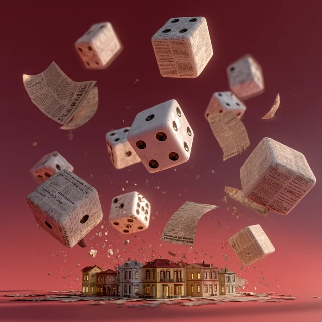 3D Dice and News in the Air Cartoon Scene