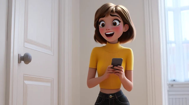 Joyful 3D Cartoon Girl Holding Smartphone