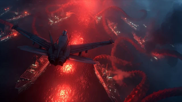 Chaotic Naval Battle: Fighter Jet vs Giant Tentacles