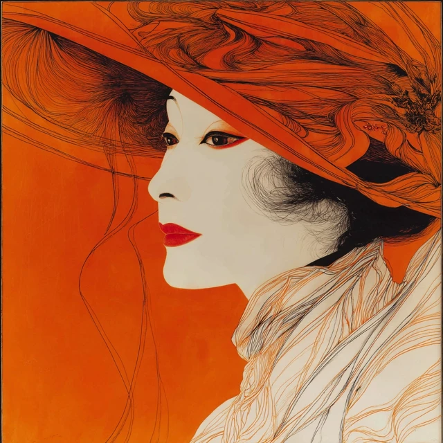 Elegant Asian Woman Portrait in Orange Hat