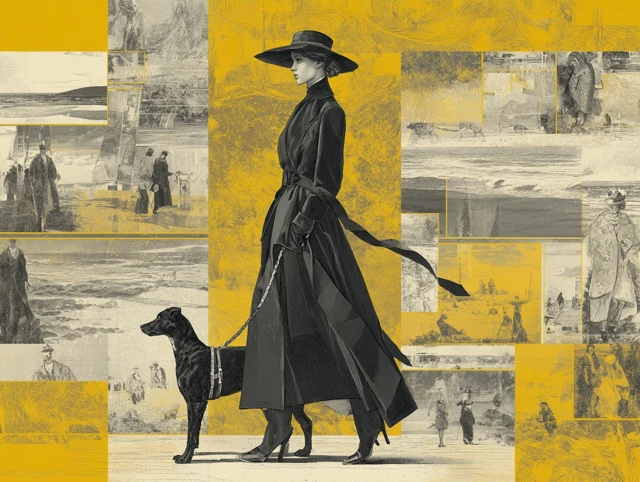 Art Deco Woman Walking Dog Illustration